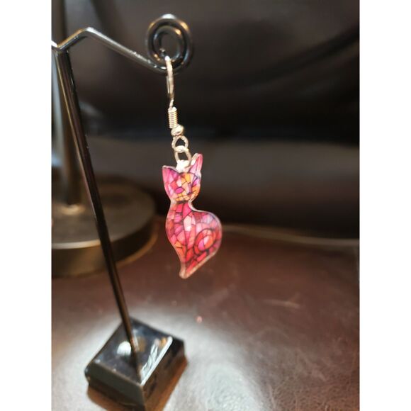 Pink Stained Glass CAT Earrings Dangle Acrylic - Picture 2 of 4